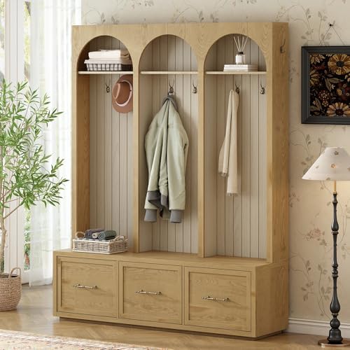 Merax Farmhouse Wood Hall Tree with Shoe Bench and 3 Drawers, 4-in-1 Coat Rack with 8 Hooks for Entrance, Hallway, Mudroom Natural