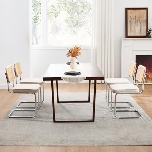 Zesthouse Natural Rattan Dining Chairs Set of 6, Mid Century Cane Dining Room Chairs with Solid Wood Back & Chrome Base for Kitchen, Breuer Design Inspired, Upholstered Linen Fabric, Beige