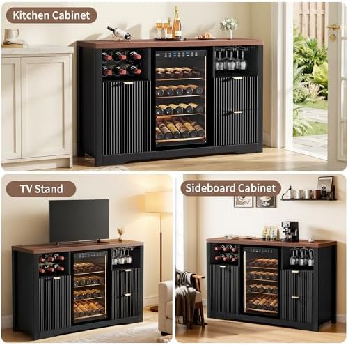 Coffee Bar Cabinet with Mini Fridge Space, 53"Wine Cabinets with Storage