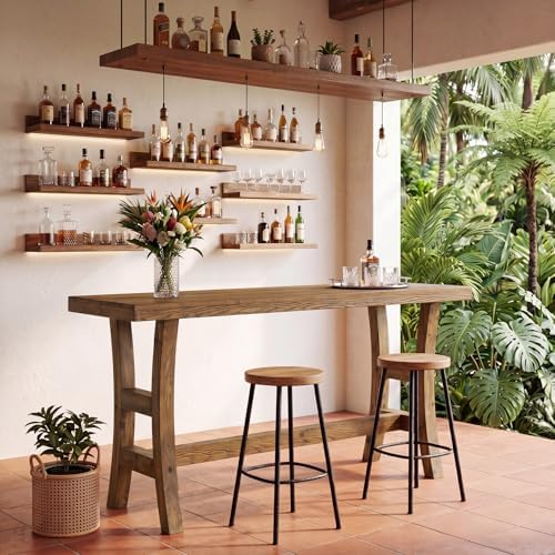 63-Inch Solid Wood Bar Table, Farmhouse Counter Height Pub Table with Footrest, Rectangular High Top Home Bar Units for Home Kitchen, Dining Room, Bistro (Without Chair, Retro Brown)
