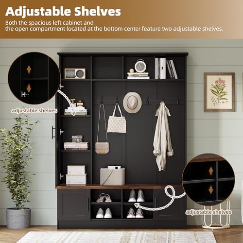 Merax Farmhouse Wood Hall Tree with Shoe Bench and 2 Drawers, 4-in-1 Coat Rack with 6 Hooks for Entrance, Hallway, Mudroom Black