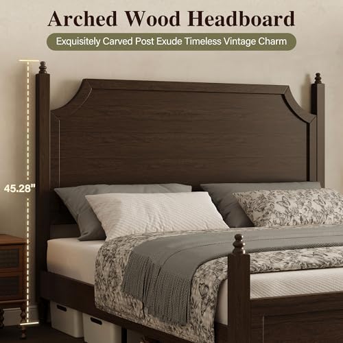 Belffin Wood Queen Size Bed Frame with Vintage Curved Headboard, Walnut