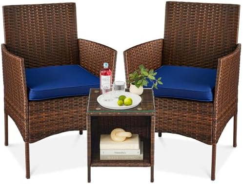 Best Choice Products 3-Piece Outdoor Wicker Conversation Bistro Set, Space Saving Patio Furniture for Garden w/Side Table - Brown/Navy