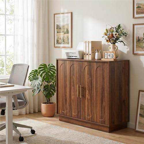 holzart 31.5" Modern Farmhouse Storage Cabinet, Rustic Brown 2 Door Sideboard Buffet with Gold Handles, Fluted Wood Accent Credenza for Entryway, Living Room, Coffee Bar, Home Office