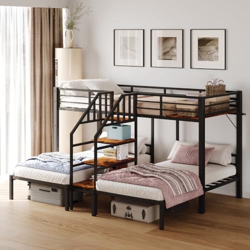 Bonnlo Metal Triple Bunk Bed with Stairs, Twin Over Twin Over Twin Bunk Beds for Kids,Teens and Adults, 3 People Bed, No Box Spring Needed,Black