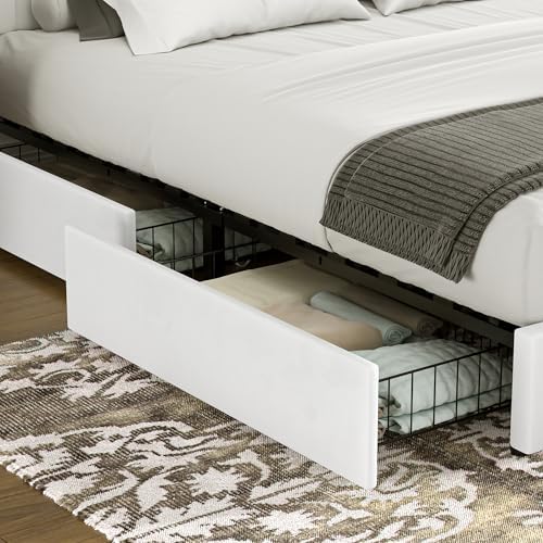 VECELO Full Size Upholstered Bed Frame with 4 Drawers and Headboard, Velvet Platform Storage Bedframe, Wooden Slats Support, No Box Spring Needed,White