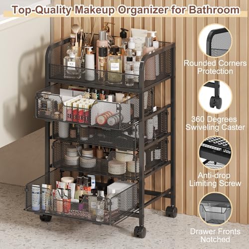 Hongtamoya Makeup Cart Organizer with 4 Drawers, Vanity Storage Organizer, Large Floor Skincare Organizers Cosmetics Display Cases for Skin Care Perfume Nail Polish, Black