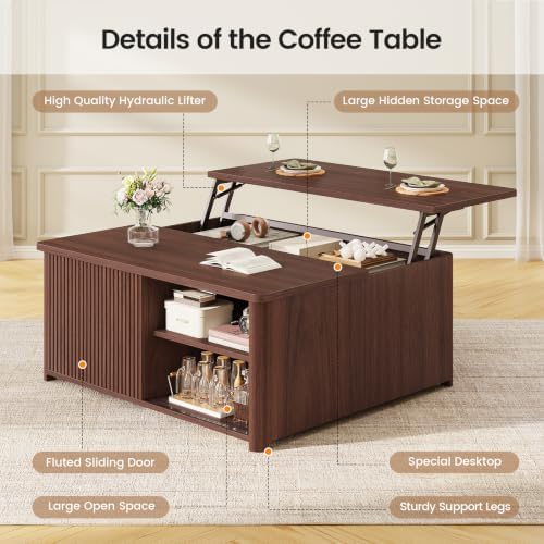 SEDETA 31.5" Lift Top Coffee Table with Storage, Square Coffee Tables for Living Room, Fluted Coffee Table with Large Hidden Storage Compartment and Adjustable Shelves, Walnut