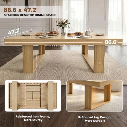 Miereirl 7-Piece Modern Farmhouse Dining Table Set, 86.6" x 47.2" Sturdy Stable Dining Table with 6 Chairs, Rectangular Kitchen Table Set for 6,(Natura Table+6 Brown Chairs)
