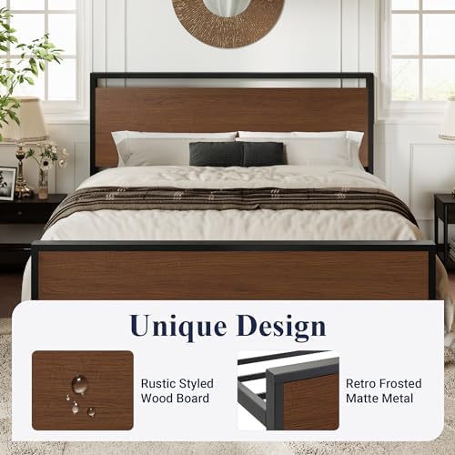 Allewie Full Size Bed Frame, Heavy Duty 12 Metal Slats Support, Walnut