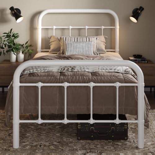 Allewie Twin Metal Bed Frame with Victorian Iron-Art Headboard, White