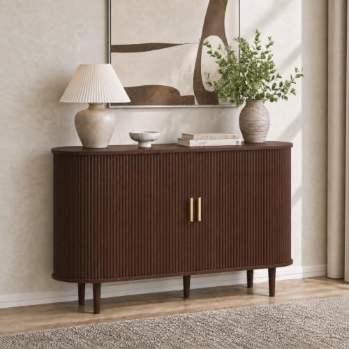 47.2" Sideboard Buffet Cabinet with Sliding Door,Fluted Cabinet with Storage & 2 Adjustable Shelfs,Mid Century Modern Coffee Bar Console Table for Kitchen, Living Room, Entryway，Walnut
