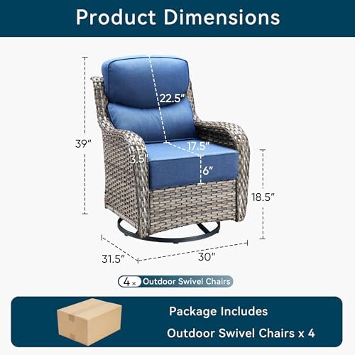 Luxury Outdoor Swivel Rocker Patio Chairs-4 Pieces High Back Swivel Rocker Patio Chairs with Thick Cushions All Weather Wicker Outdoor Furniture Set for Deck Porch Balcony(Grey/Blue)
