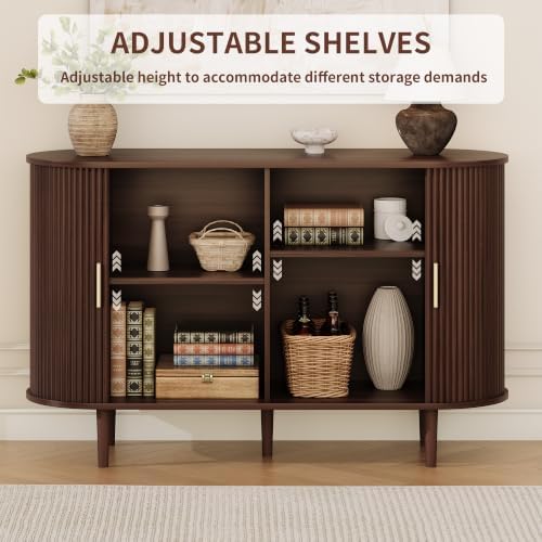 47.2" Sideboard Buffet Cabinet with Sliding Door,Fluted Cabinet with Storage & 2 Adjustable Shelfs,Mid Century Modern Coffee Bar Console Table for Kitchen, Living Room, Entryway，Walnut