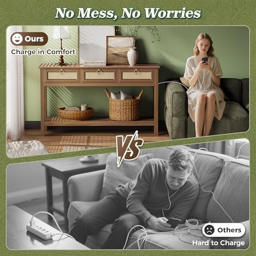 SUPERJARE Rattan Console Sofa Table with Outlets, USB-C Port and 3 Drawers