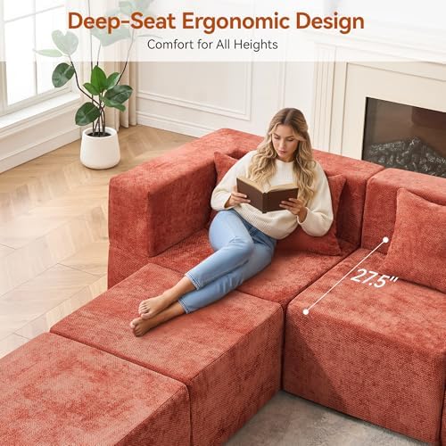 MONVANE Modular Sectional Cloud Couch for Living Room - 130'' 6 Seater Convertible Chenille Couches Set with Ottoman, No Assembly Compression Sofas, Comfy Floor Sofa with Memory Foam, Rust Red