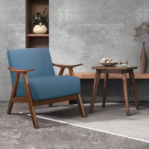 Lexicon Mid Century Modern Accent Chair with Solid Wood Frame in Walnut Finish, Upholstered Living Room Lounge Arm Chair, Thick and Comfy Innerspring Seat Cushion, Linen-Look Fabric, Blue