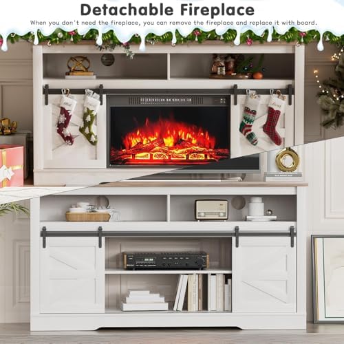 YESHOMY Farmhouse Fireplace TV Stand for TVs up to 65+ Inch, Rustic White