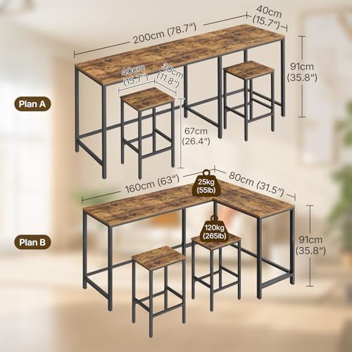 YATINEY 78.7" Bar Table and Chairs Set, L-Shaped Bar Height Table and 2 Chairs, Convertible Bar Table with Stools for Kitchen, Corner, Apartment, Easy to Assemble, Rustic Brown and Black BT14BR
