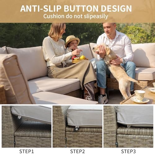 JOYURE 5 Piece Wicker Patio Furniture Set,Outdoor Conversation Sectional Sofa w/Coffee Table,All-Weather Outdoor Sofa with Thick and Anti-Slip Cushions for Deck,Poolside,Garden,Beige