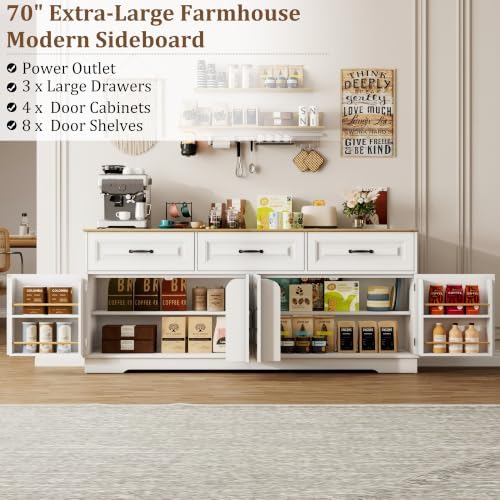 70” Large Sideboard Buffet Cabinet w/4 Doors,3 Drawers,Farmhouse Modern Kitchen Sideboard Cabinet w/8 Door Shelves,Wooden Coffee Bar Cabinets, Long Kitchen Buffet Table,Credenza for Dining Room,White