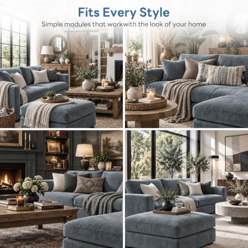 Iroomy Sectional Couch for Living Room, Comfy L Shaped Convertible Sofa, 4 Seater Modern Chenille Sofa with Ottoman, Grey