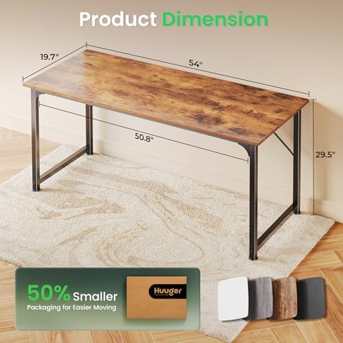 Huuger Computer Desk, 55 Inch Home Office Desk, Gaming Writing Work from Home Study Desk, Large Legroom, Sturdy Metal Frame, Modern Simple, Rustic Brown