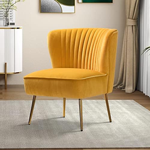 HULALA HOME Velvet Accent Chair, Modern Upholstered Cute Side Chair with Gold Metal Legs, Armless Wingback Slipper Chair Comfy Living Room Chair for Bedroom Guest Room Vanity,Mustard