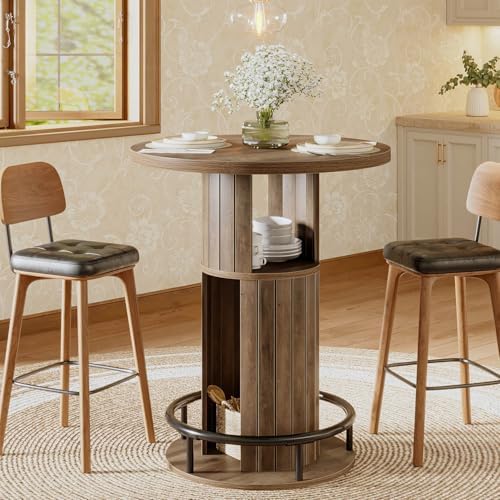 HSH 39.37" H Round Bar Table with Storage and Metal Ring Footrest, Rustic