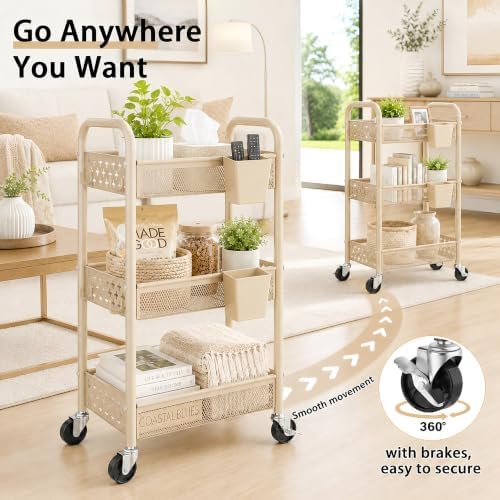 3 Tier Metal Rolling Cart, Beige Utility Storage Carts with Lockable Wheels, Three Tier Craft Cart Organizer for Baby Essentials, Diaper Caddy, Cleaning Supplies, Art Supply, Lash, Laundry Room, Book