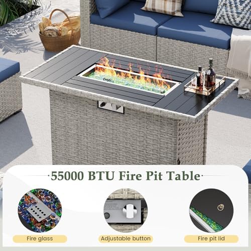 Outdoor Patio Furniture Set with Fire Pit 8 Pcs Wicker Sectional Sofa Blue