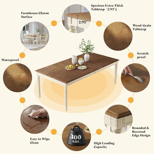 AMERLIFE 79" Rustic Farmhouse Dining Table with Solid Wood Top, Cream