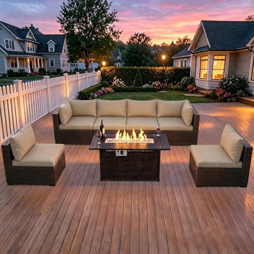 LEVELEVE 8-Piece Wicker Patio Conversation Set with 44" Propane Fire Pit Table, Cozy Outdoor Sectional Sofa for Backyard Gatherings, Poolside Lounging & Garden Parties