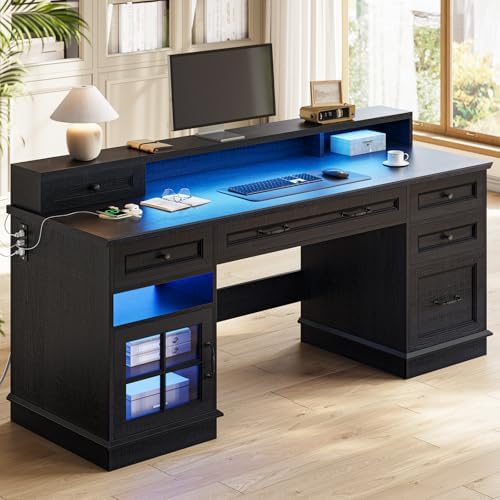 HAUOMS Farmhouse Executive Desk Computer Desk with Drawers，Black