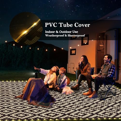 SAND MINE Reversible Mats with Led Strip Lights, Plastic Straw Rug, Modern Area Rug, Large Floor Mat for Outdoors, Patio, Backyard, Deck, Picnic, Camping, Black & Beige, 8' x 10'