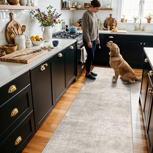 Abstract 2x10 Kitchen Rug Runners - Washable 10ft Hardwood Sink Rugs Non-Slip Hallway Entryway Area Rug Soft Floor Mat Indoor Farmhouse Carpet for Bathroom Living Room Bedroom (2 X 10,Beige/Cream)