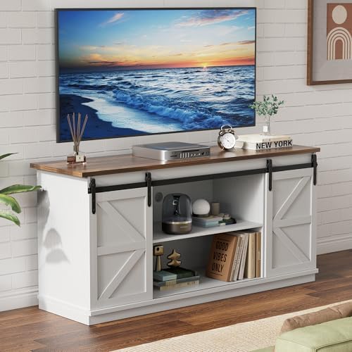 YESHOMY 58" Farmhouse TV Stand for TVs up to 65", Sliding Barn Doors, White