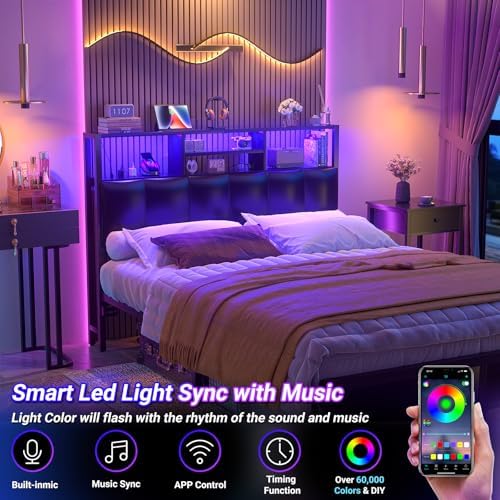 Aheaplus Headboard for Full Size Bed with Storage, Upholstered Headboards with Outlets, USB Ports and LED Light, Reversible Full Size Head Board, Height Adjustable, Comfortable Headboard, Black