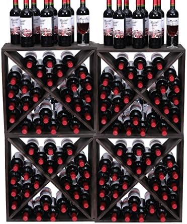 Wine Rack Cabinet countertop Wooden Stackable Storage Retro Cube freestanding Floor Wine Bottle Holder Stand(96BottleBlack)