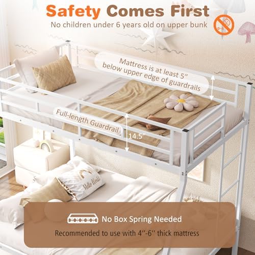 Giantex Metal Bunk Beds Twin Over Full Size, Heavy Duty Loft Bunk Bed with Ladder & Guardrail, Space Saving Bunk Bed for Dorm Apartment, Teens & Adults, Noise-Free, No Box Spring Needed, White