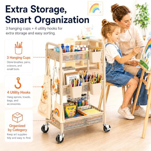 3 Tier Metal Rolling Cart, Beige Utility Storage Carts with Lockable Wheels, Three Tier Craft Cart Organizer for Baby Essentials, Diaper Caddy, Cleaning Supplies, Art Supply, Lash, Laundry Room, Book