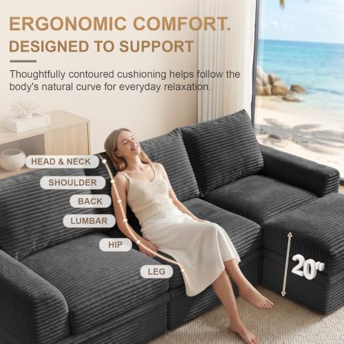 Boneless Sectional Couch with Storage, Upgraded Modular Sofa with Ottoman, Deep Seat Sleep Sofa for Living Room, 4 Seat Memory Foam Modern Corduroy Cloud Sofa with 2 Pillows,No Assembly(71"-Gray)