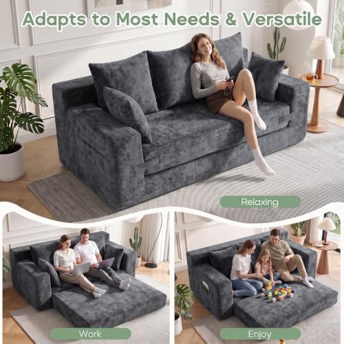 3 Seater Boneless Couch for Living Room, Convertible Sofa Bed in A Box, Folding Pull Out Couch with Comfy Corduroy, Loveseat Sleeper Floor Sofa with 5 Pillows, Velvet Fabric, Grey