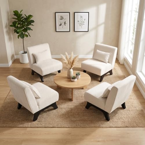 Upholstered Armless Accent Chair Set of 4,Modern Comfy Living Room Chairs with Wooden Legs& Pillows,Lounge Sofa Side Chair for Bedroom Farmhouse Reading (4 PCS, Beige)