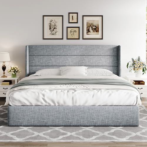 Allewie King Size Lift Up Hydraulic Storage Bed Frame Blue Grey