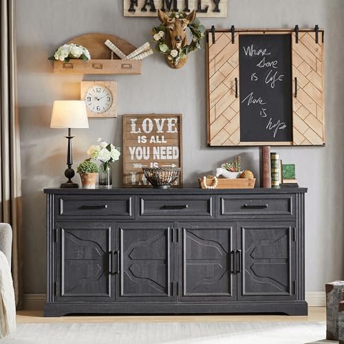 JXQTLINGMU 66" Farmhouse Buffet Cabinet with Storage, Sideboard Credenza, Carved Cloud-Inspired Doors, 3 Drawers & Adjustable Shelves, Coffee Bar Cabinet, Black