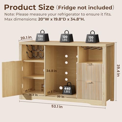 Coffee Bar Cabinet with Mini Fridge Space, 53"Wine Cabinets with Storage