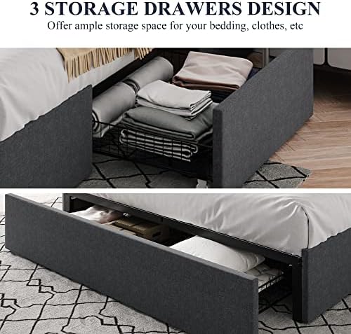 Allewie Queen Size Platform Storage Bed Frame with 3 Drawers, Dark Grey