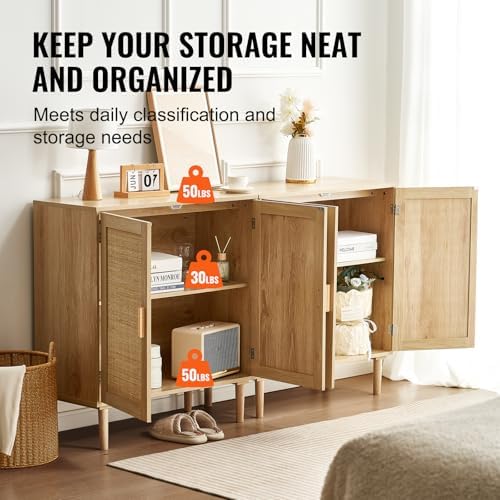 VEVOR Rattan Buffet Cabinet with Storage, 4 Magnetic Doors and Adjustable Shelves, Sideboard for Hallway, Living Room, Kitchen, Natural