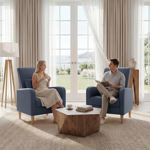 COLAMY Mid-Century Modern Accent Chairs Set of 2, Faux Leather Upholstered Living Room Chairs with Back Pillow & Solid Wood Legs, Comfy Armchair for Living Room, Bedroom, Single Sofa, Dark Blue